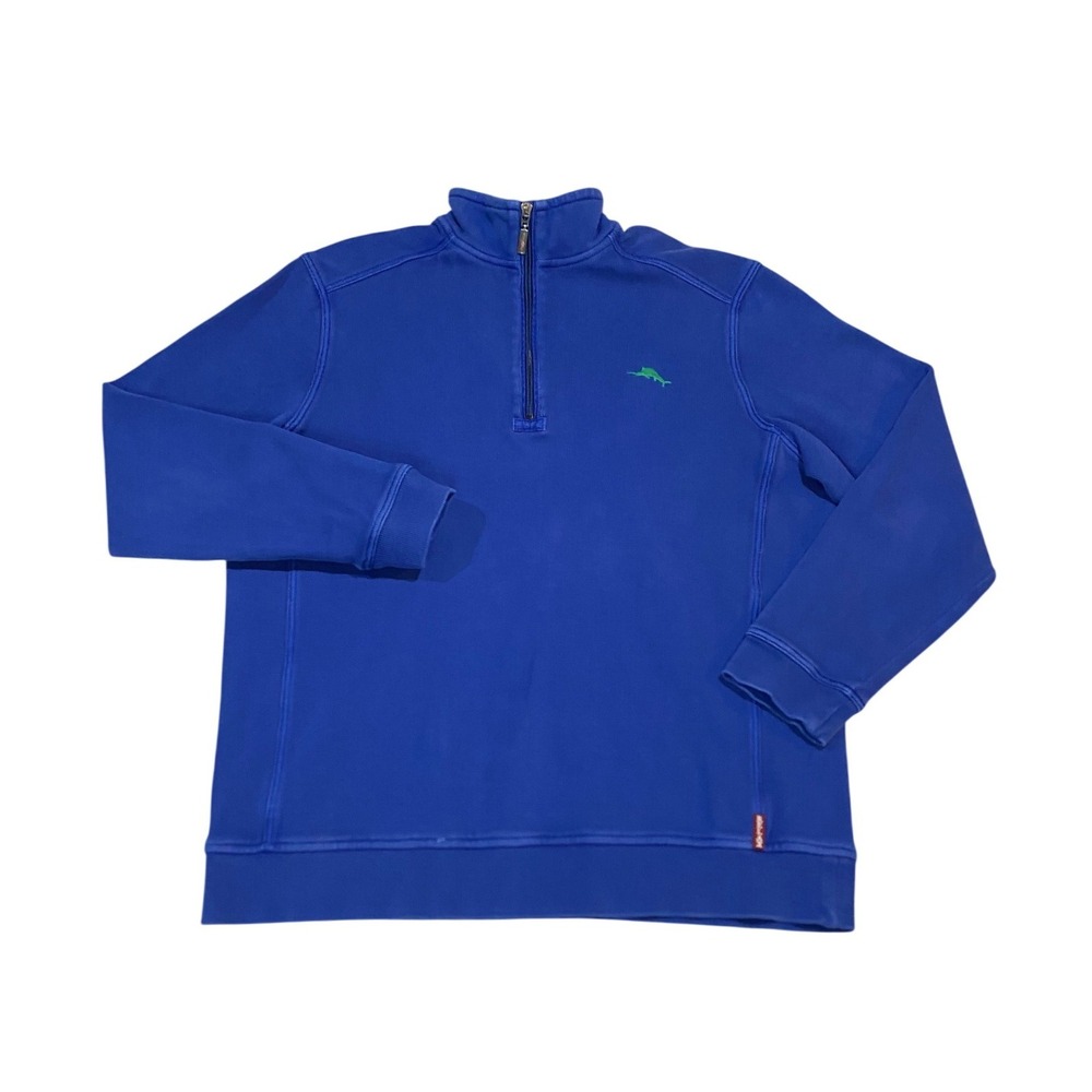 Tommy Bahama Relax Mens Blue Cotton Ribbed Quarter Zip Pullover Sweater Medium